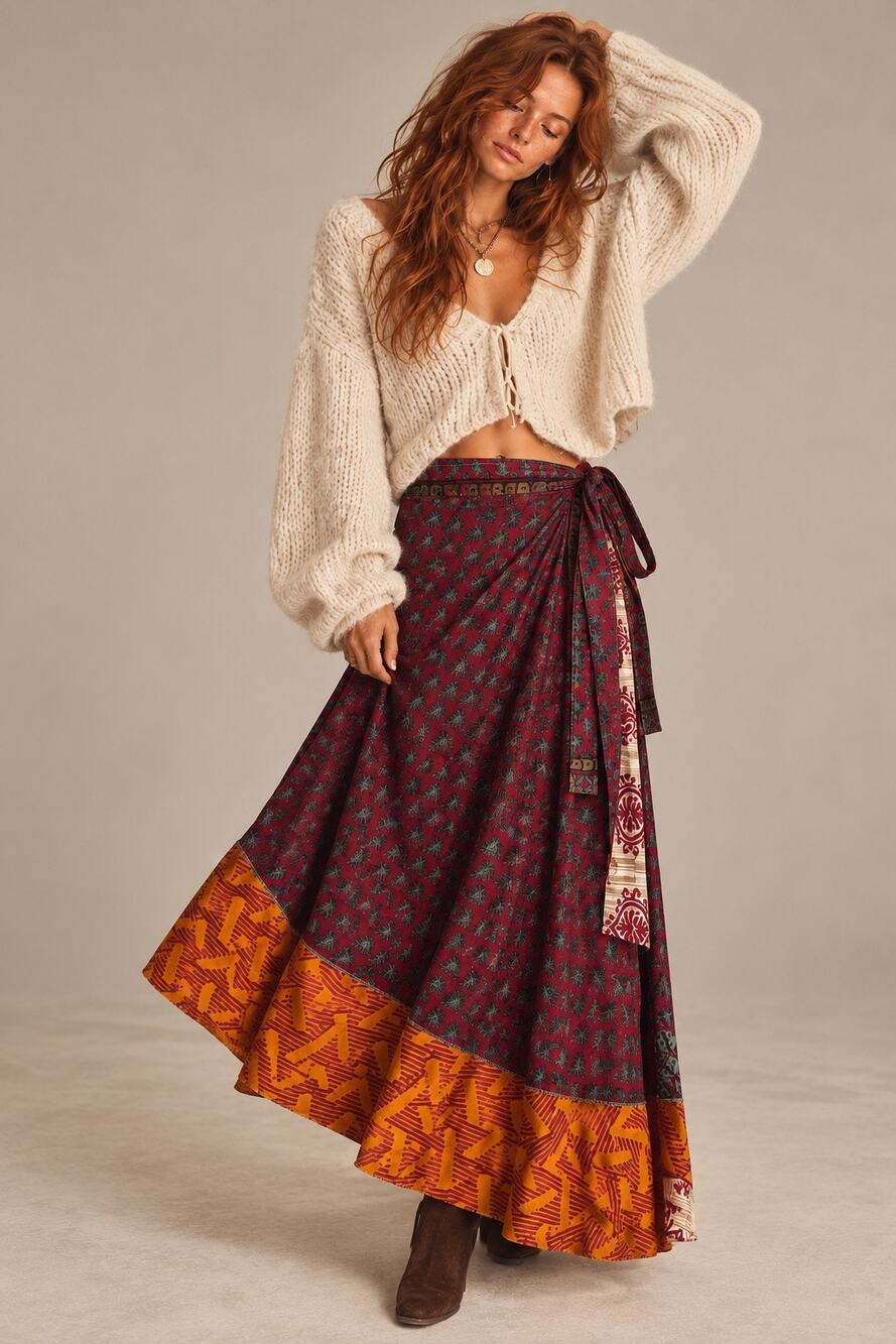Earthbound Trading Co. OOAK Upcycled Sari Wrap Skirt Boho Maximalist Fall Autumn